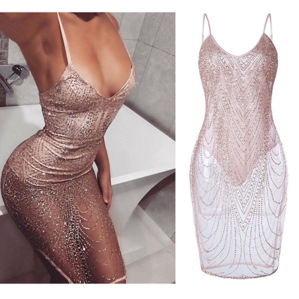 Oh Polly Glitter Sheer Mesh Bodysuit MIDI Dress